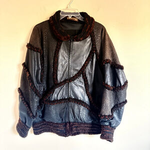 Vintage Norma Black and Brown Leather Shaggy Trim Bomber Jacket M